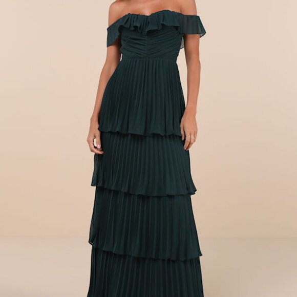 Lulus Always Remarkable Emerald Pleated Off-the-shoulder Maxi Dress Green - Picture 1 of 2